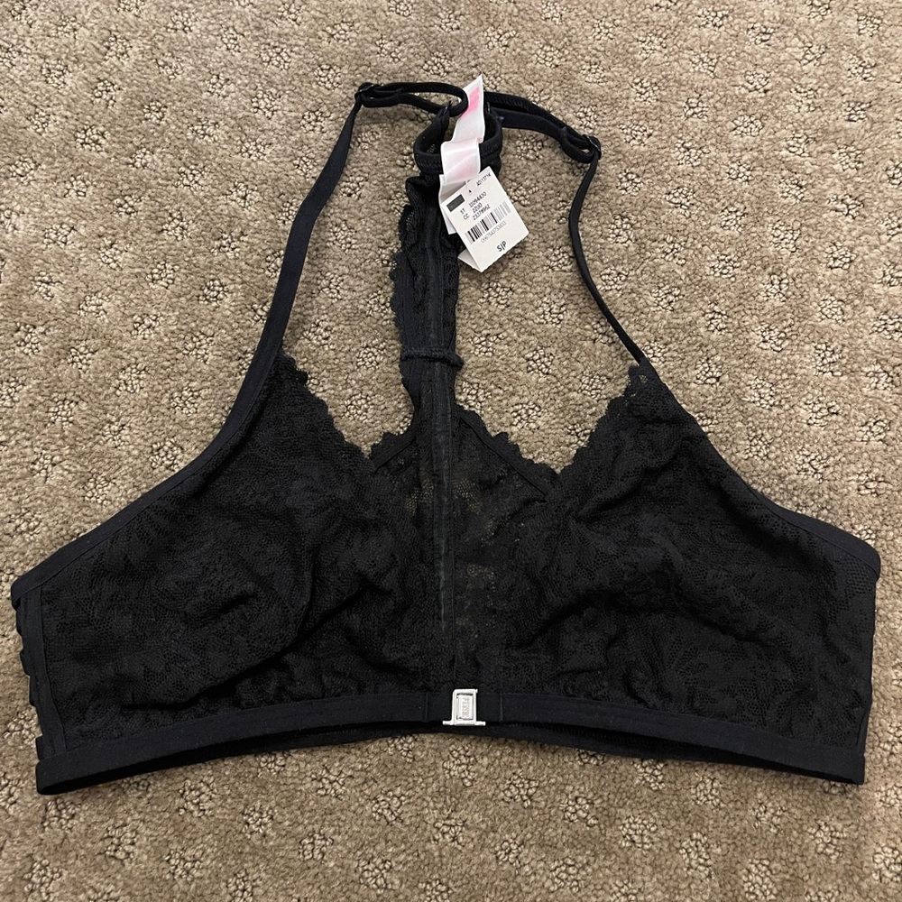 Victoria’s Secret PINK- black lace front close bralette.